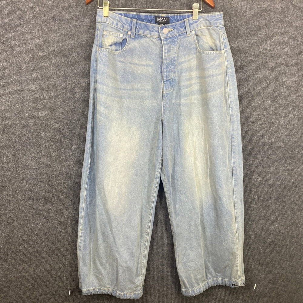 boohooMAN Mens Wide Leg Light Wash Denim Jeans Adjustable Toggle Hem Blue 32R
